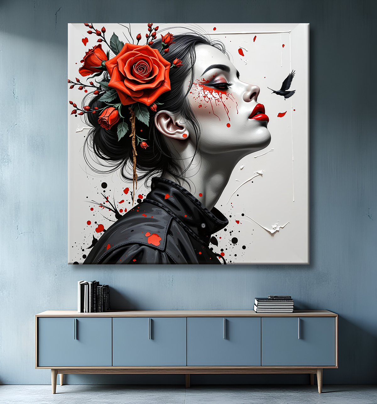 Tableau portrait féminin fleurs rouges et cheveux noirs avec decor