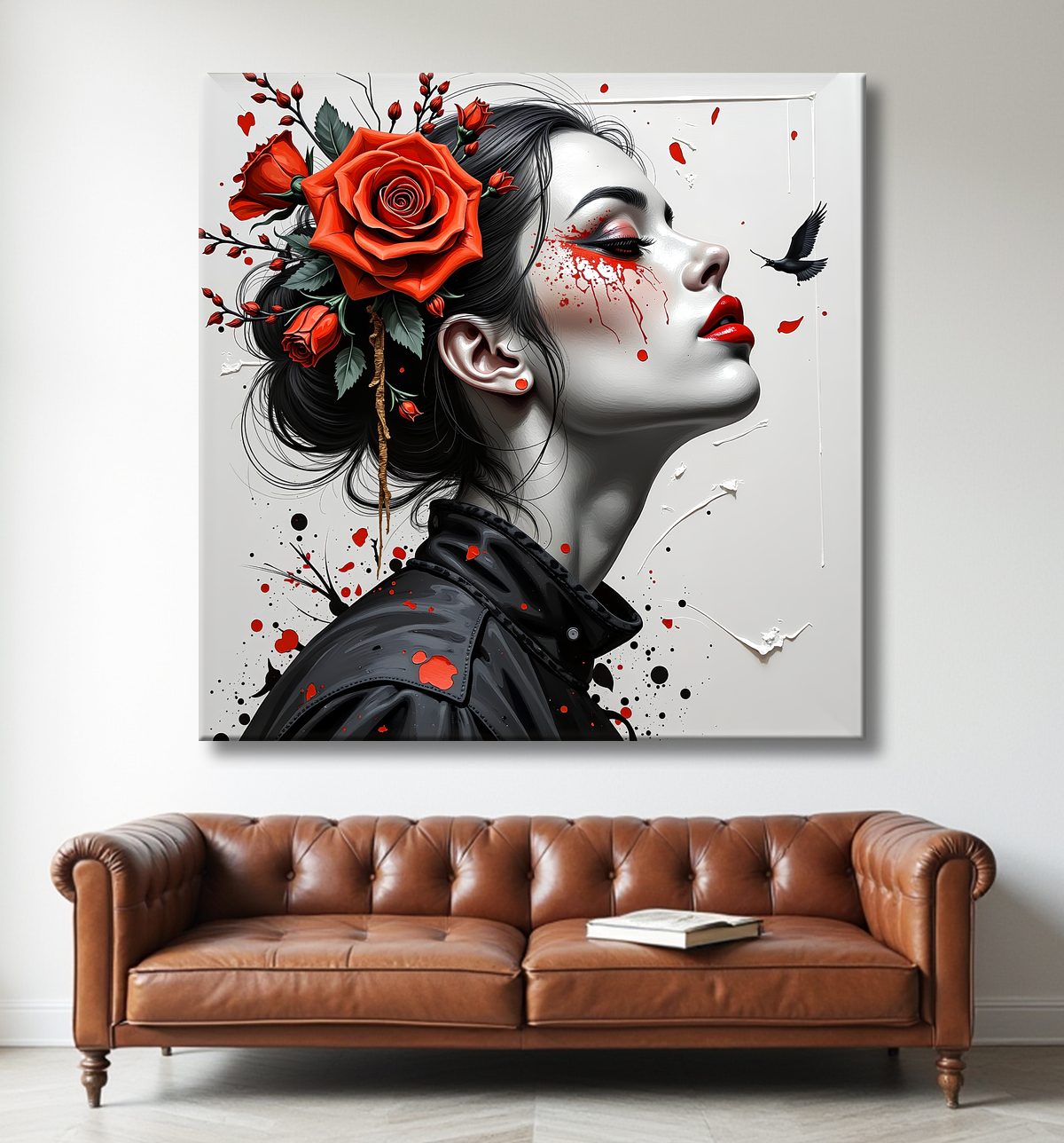 Tableau portrait féminin fleurs rouges et cheveux noirs avec decor
