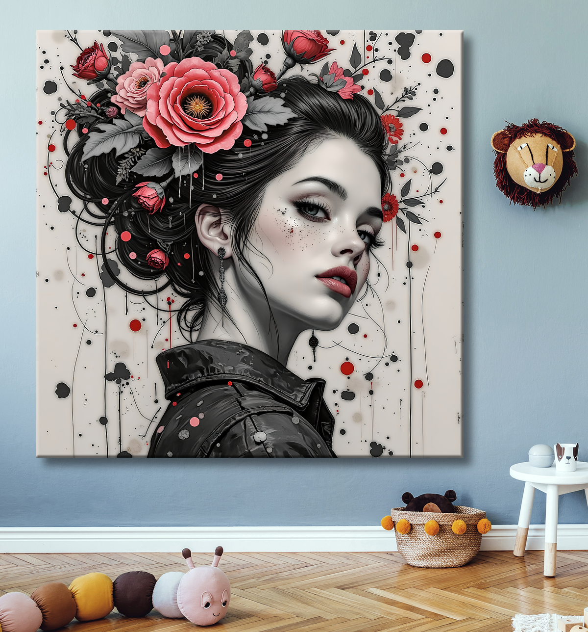 Tableau portrait féminin fleurs rouges et cheveux noirs avec decor