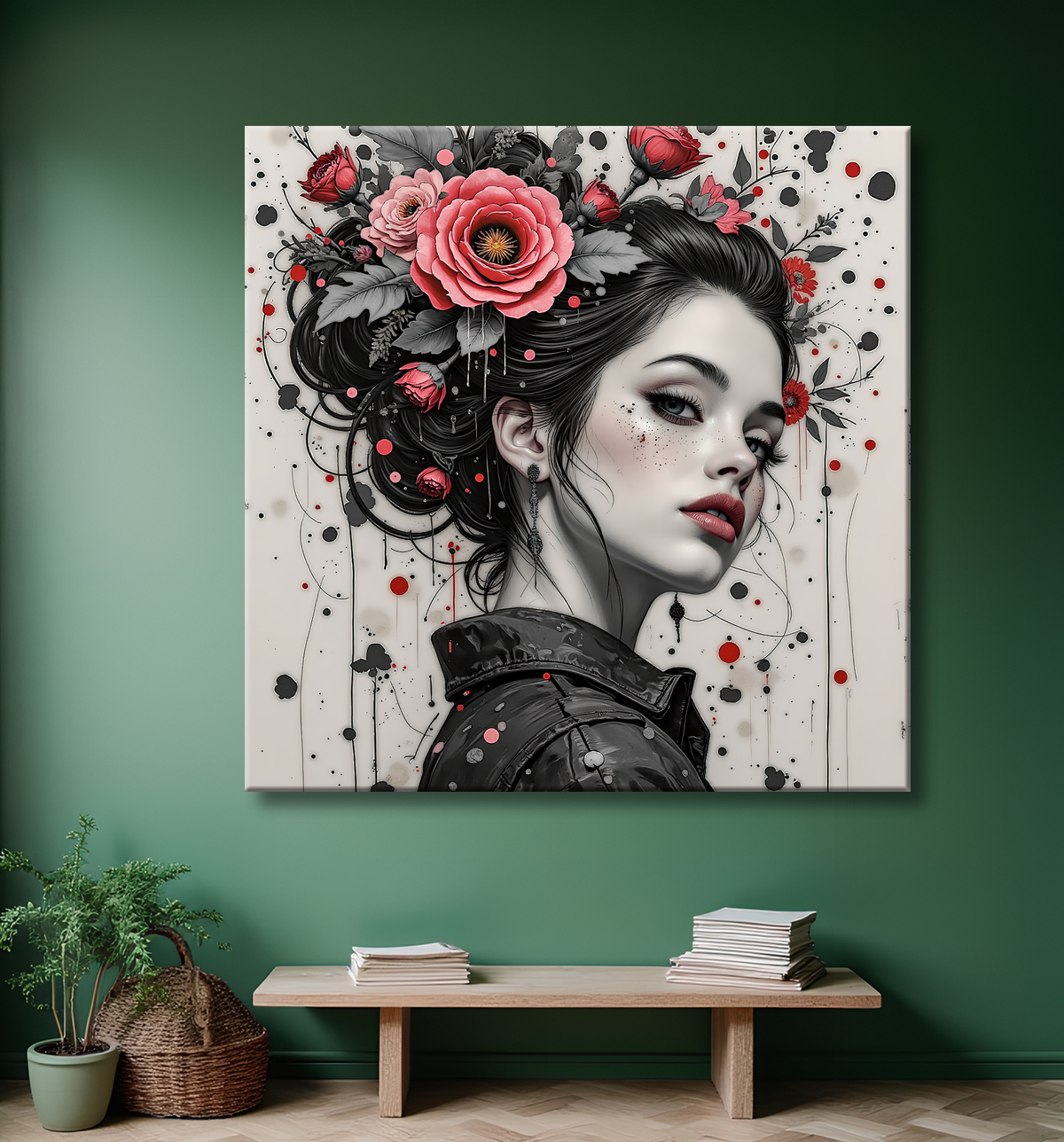 Tableau portrait féminin fleurs rouges et cheveux noirs avec decor