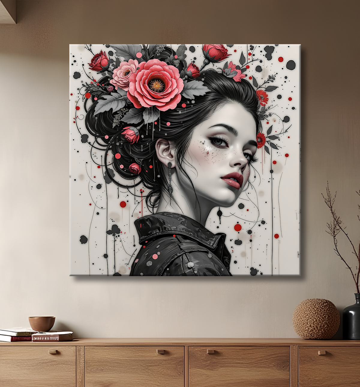 Tableau portrait féminin fleurs rouges et cheveux noirs avec decor