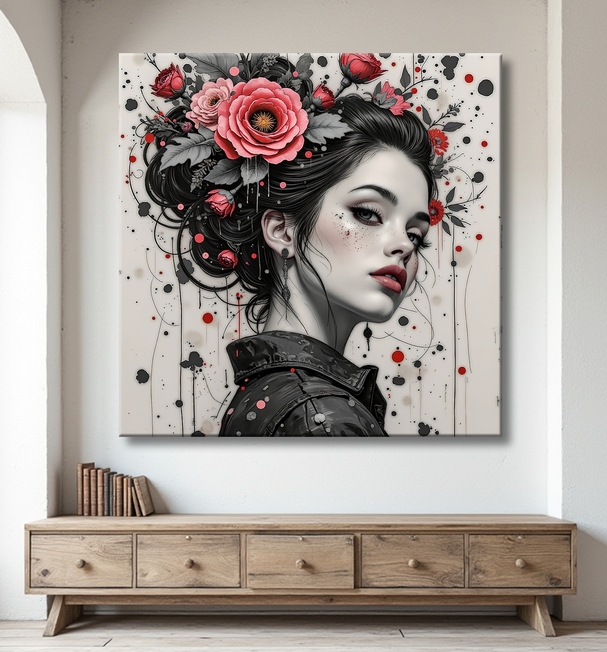 Tableau portrait féminin fleurs rouges et cheveux noirs avec decor