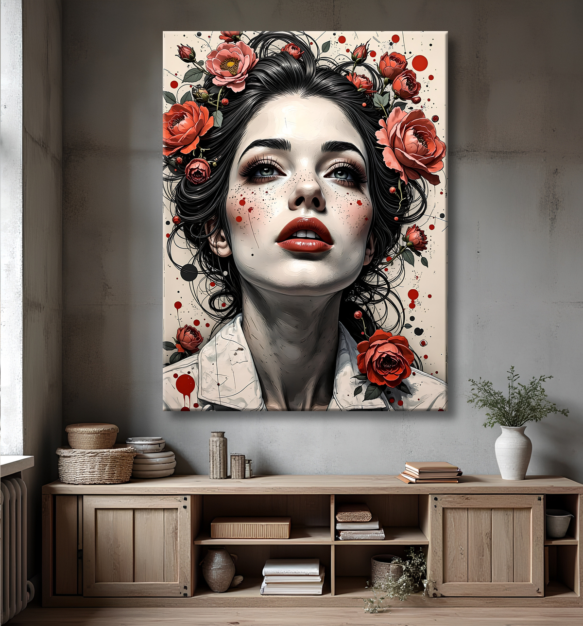 Tableau portrait féminin fleurs rouges et cheveux noirs avec decor