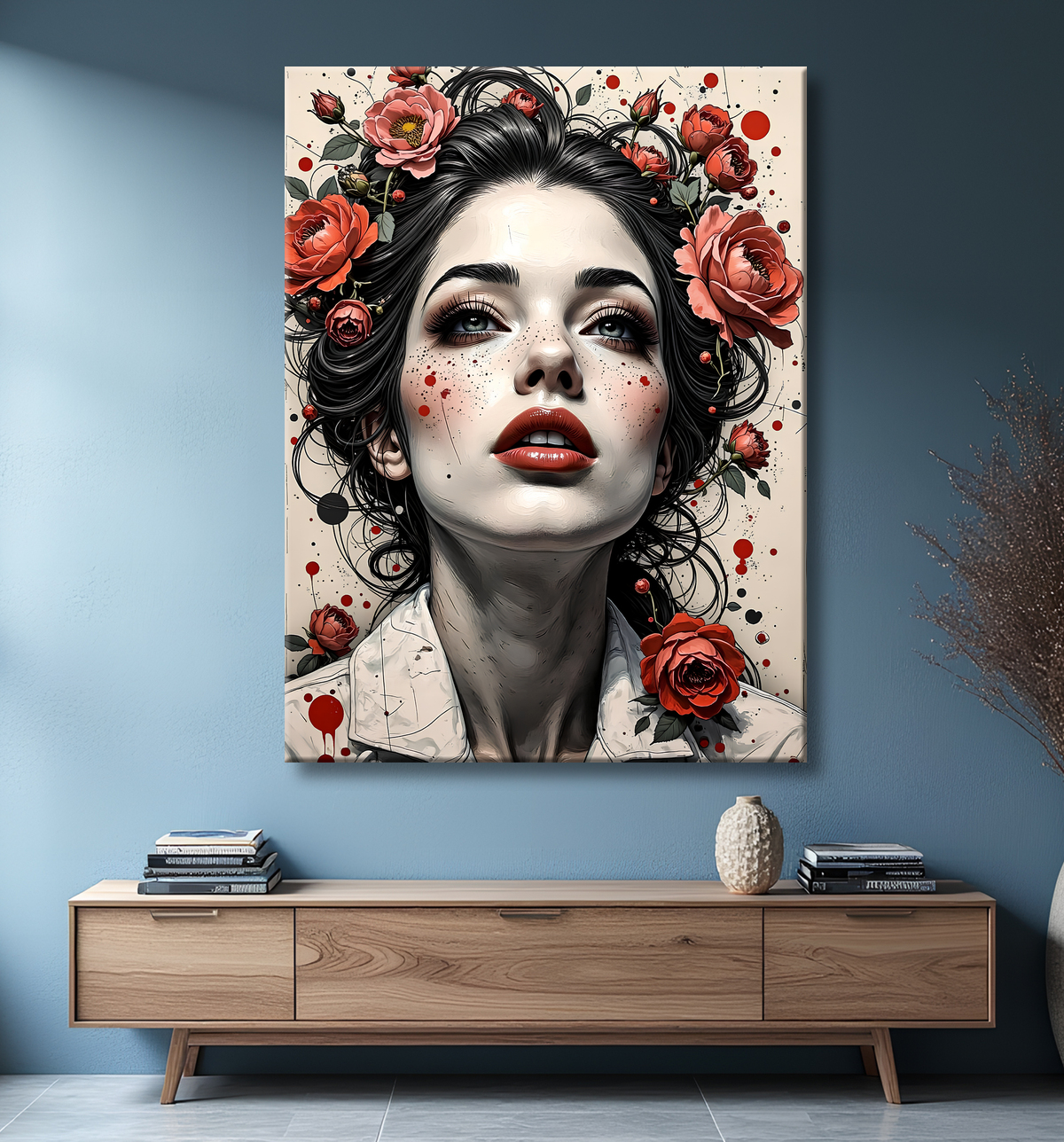 Tableau portrait féminin fleurs rouges et cheveux noirs avec decor