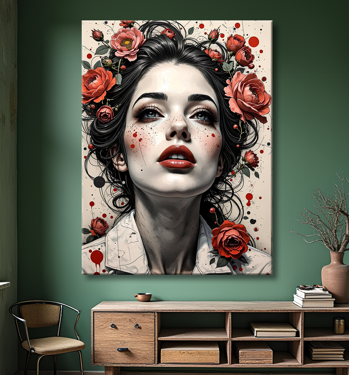 Tableau portrait féminin fleurs rouges et cheveux noirs avec decor