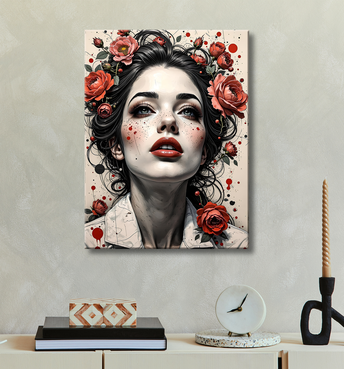 Tableau portrait féminin fleurs rouges et cheveux noirs avec decor