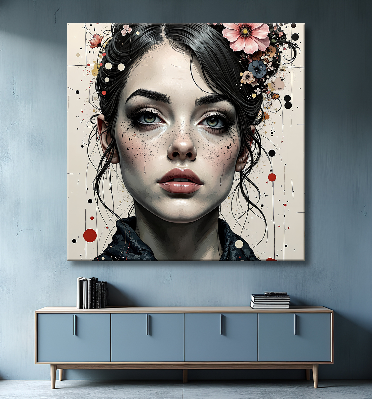 Tableau portrait féminin fleurs rouges et cheveux noirs avec decor