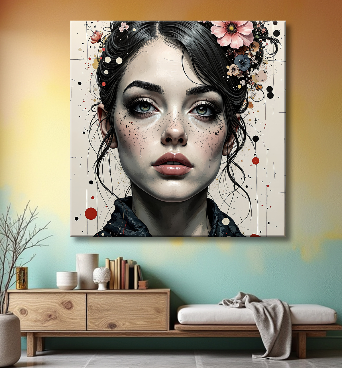 Tableau portrait féminin fleurs rouges et cheveux noirs avec decor