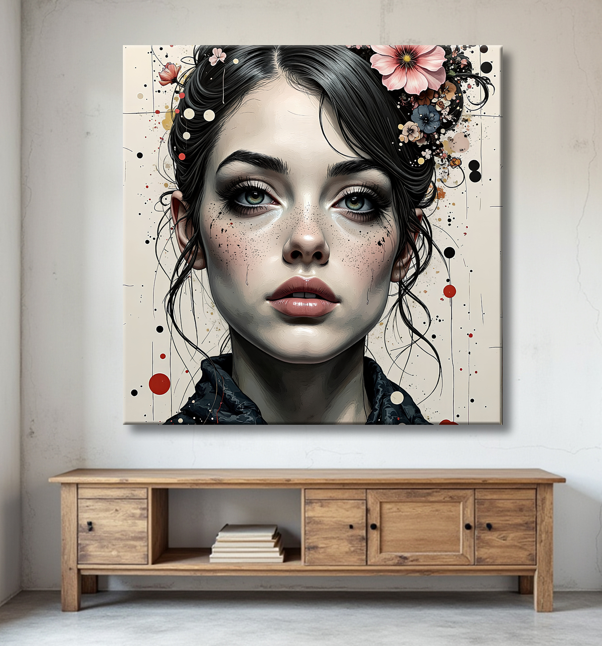 Tableau portrait féminin fleurs rouges et cheveux noirs avec decor