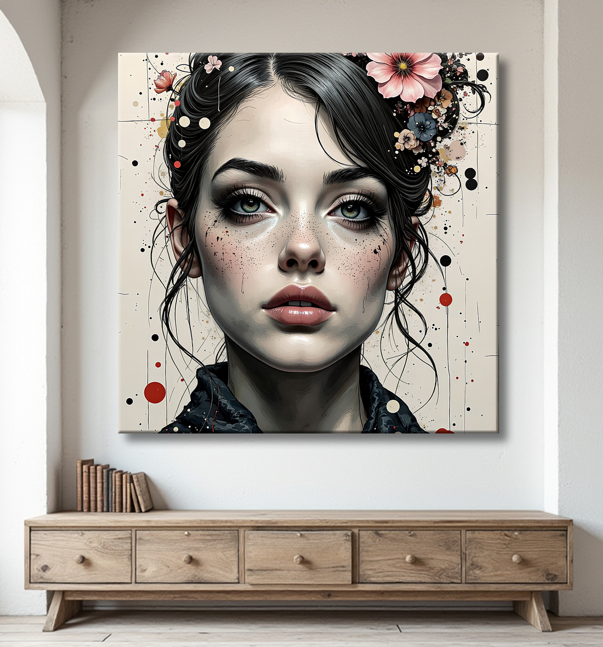 Tableau portrait féminin fleurs rouges et cheveux noirs avec decor