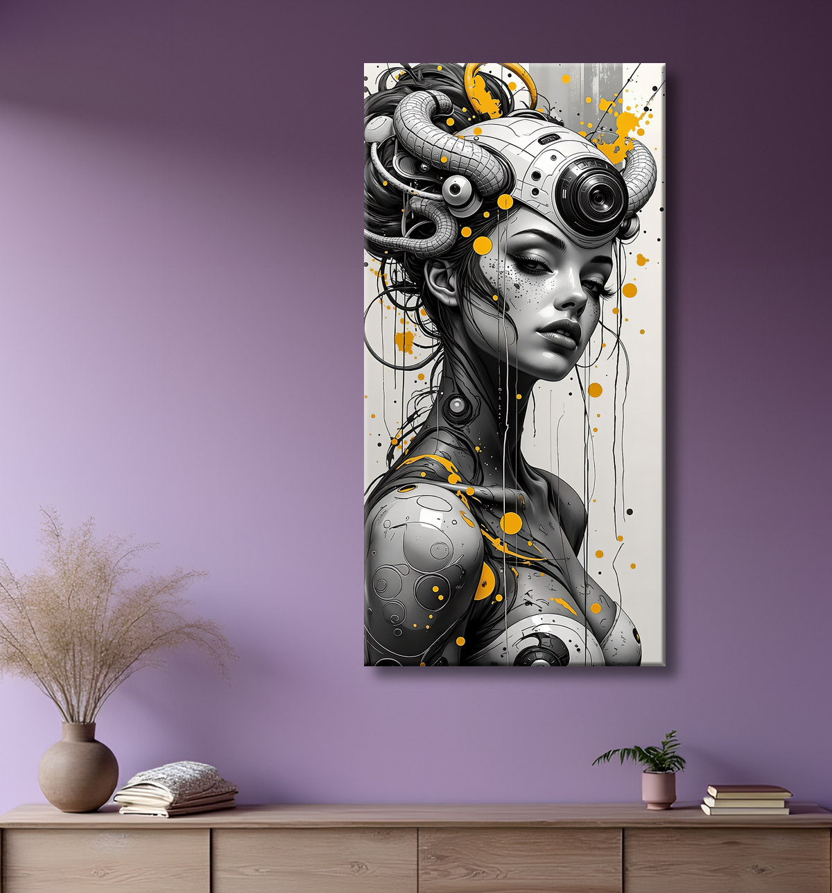 Tableau portrait féminin fantastique gothique inspiration japonaise avec decor