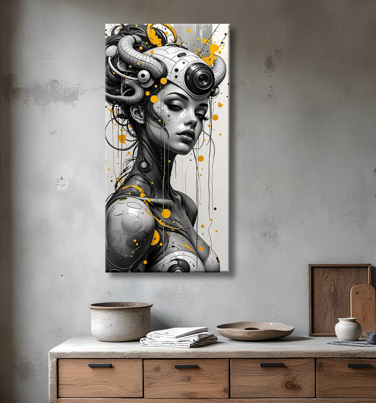 Tableau portrait féminin fantastique gothique inspiration japonaise avec decor