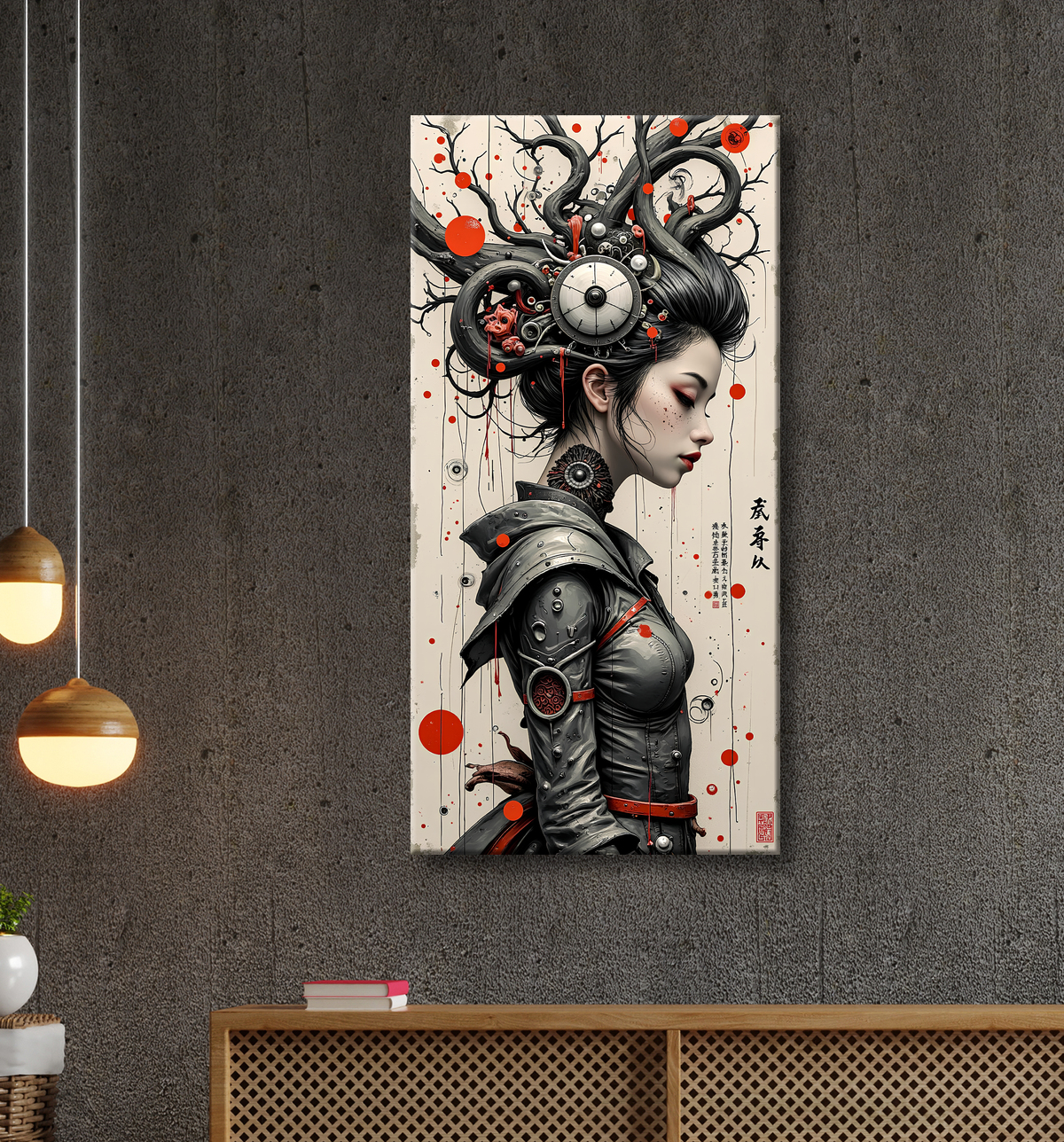 Tableau portrait féminin fantastique gothique inspiration japonaise avec decor