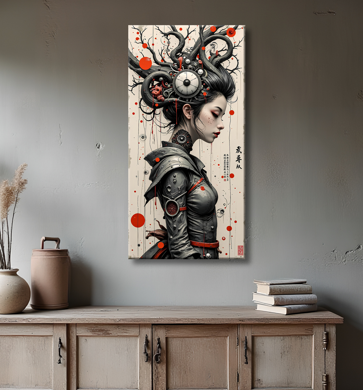 Tableau portrait féminin fantastique gothique inspiration japonaise avec decor