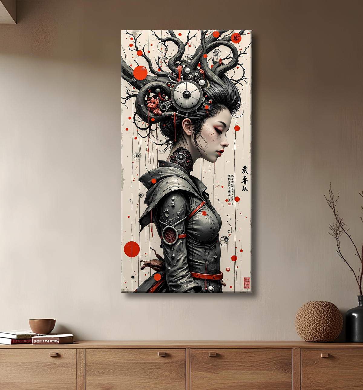 Tableau portrait féminin fantastique gothique inspiration japonaise avec decor