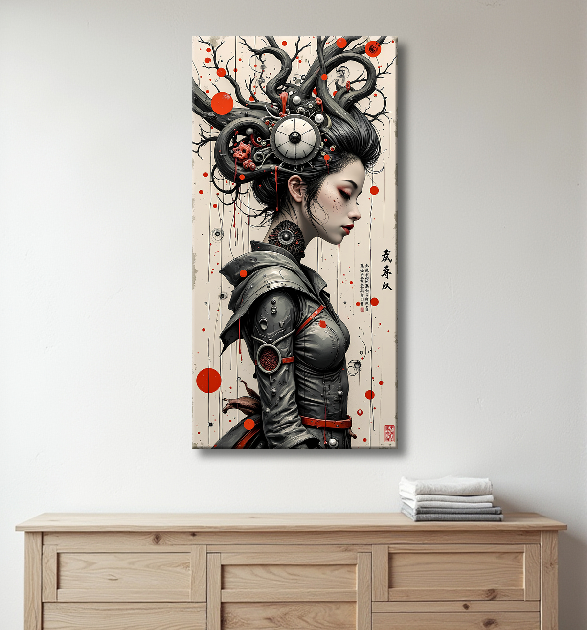 Tableau portrait féminin fantastique gothique inspiration japonaise avec decor