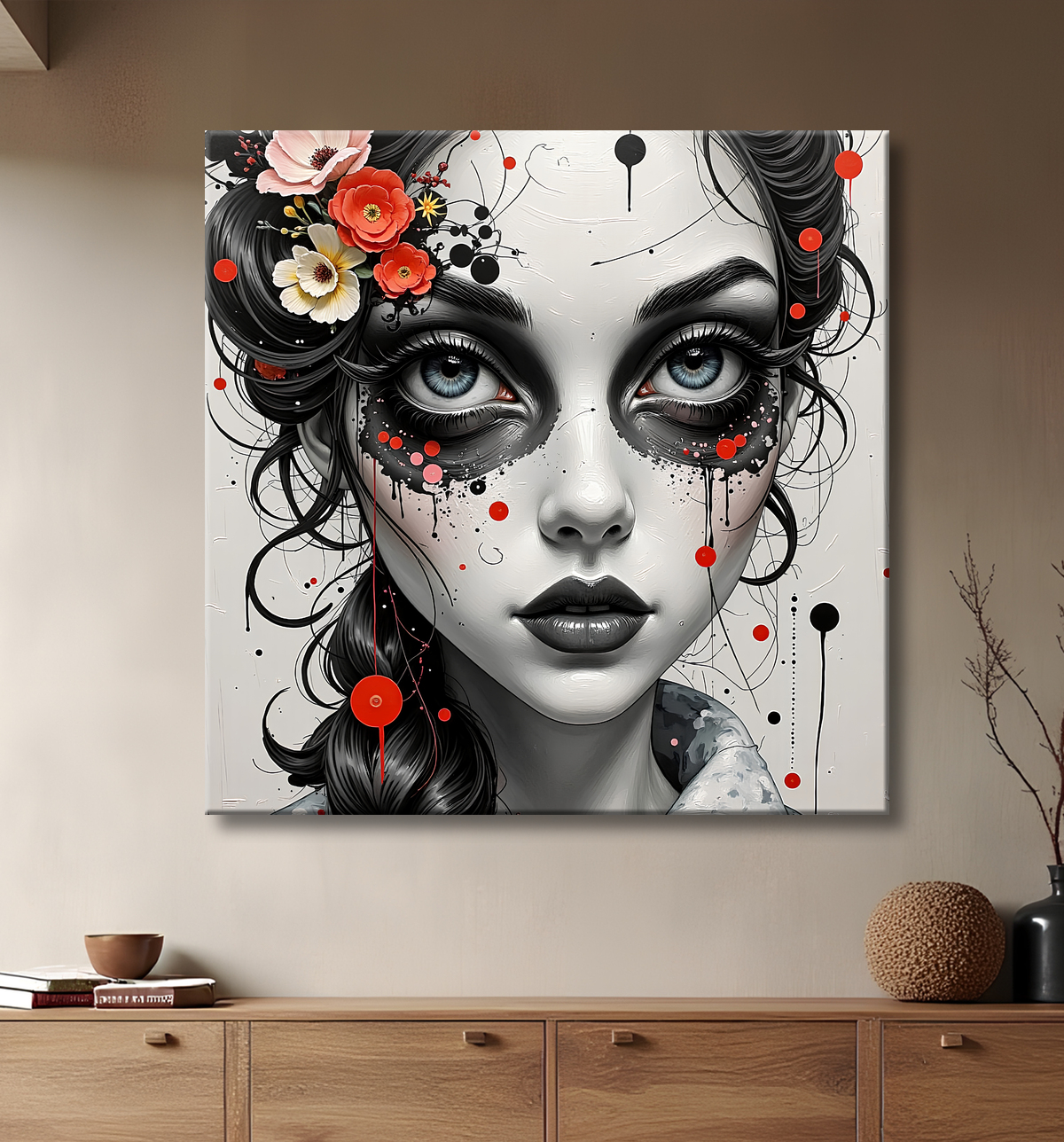 Tableau portrait féminin fantastique gothique inspiration japonaise avec decor