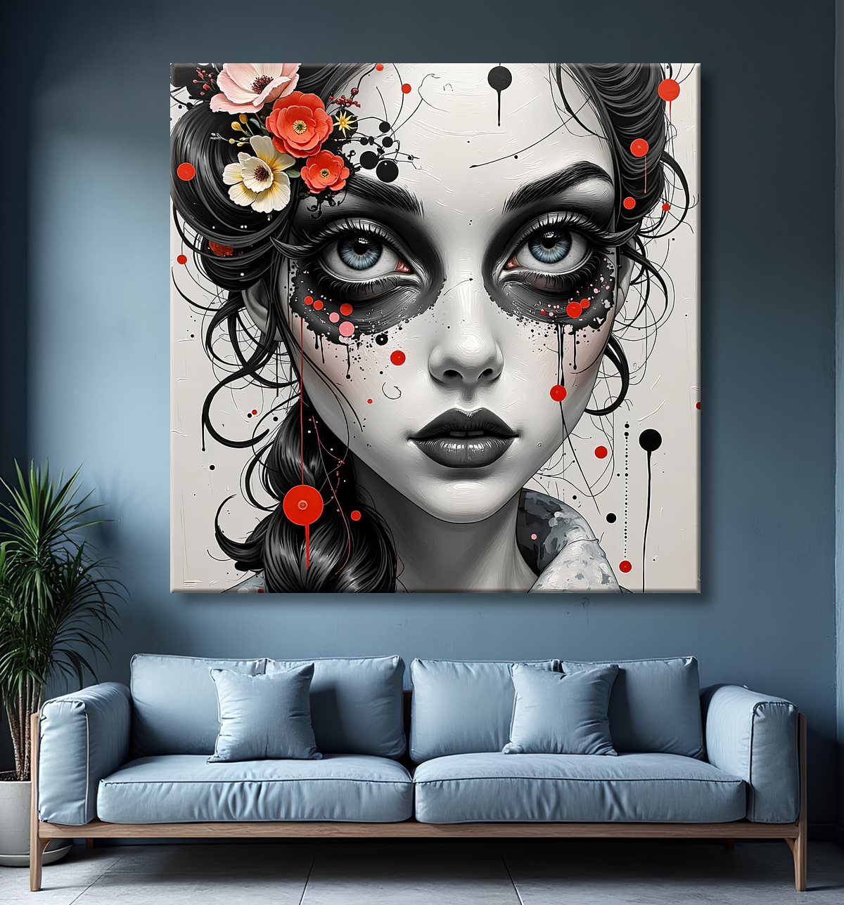 Tableau portrait féminin fantastique gothique inspiration japonaise avec decor