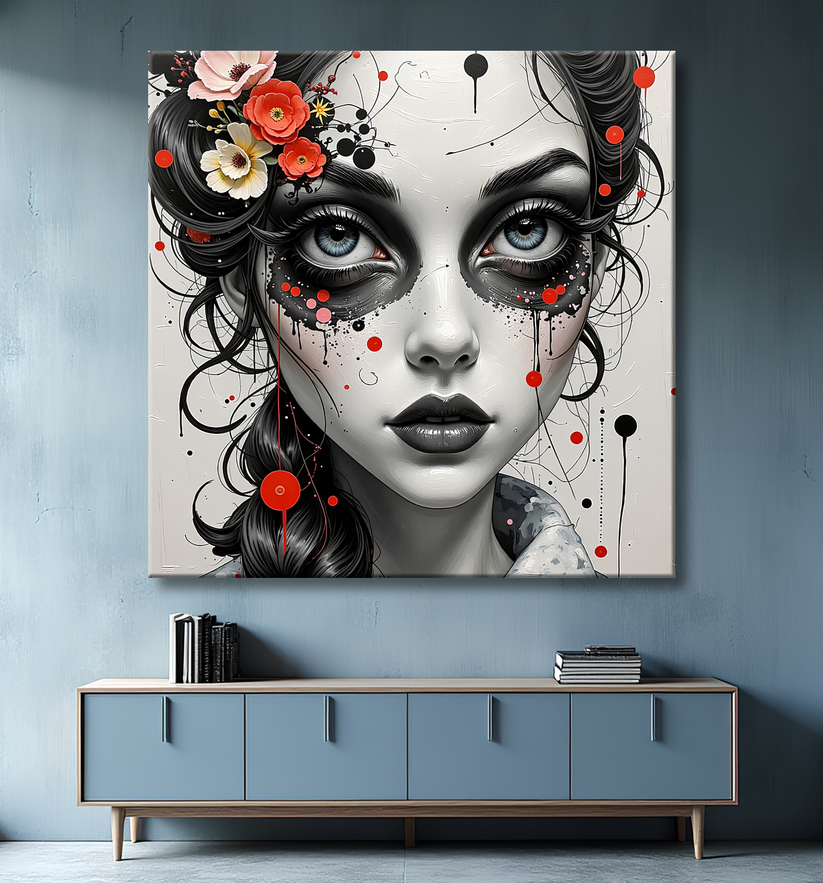 Tableau portrait féminin fantastique gothique inspiration japonaise avec decor