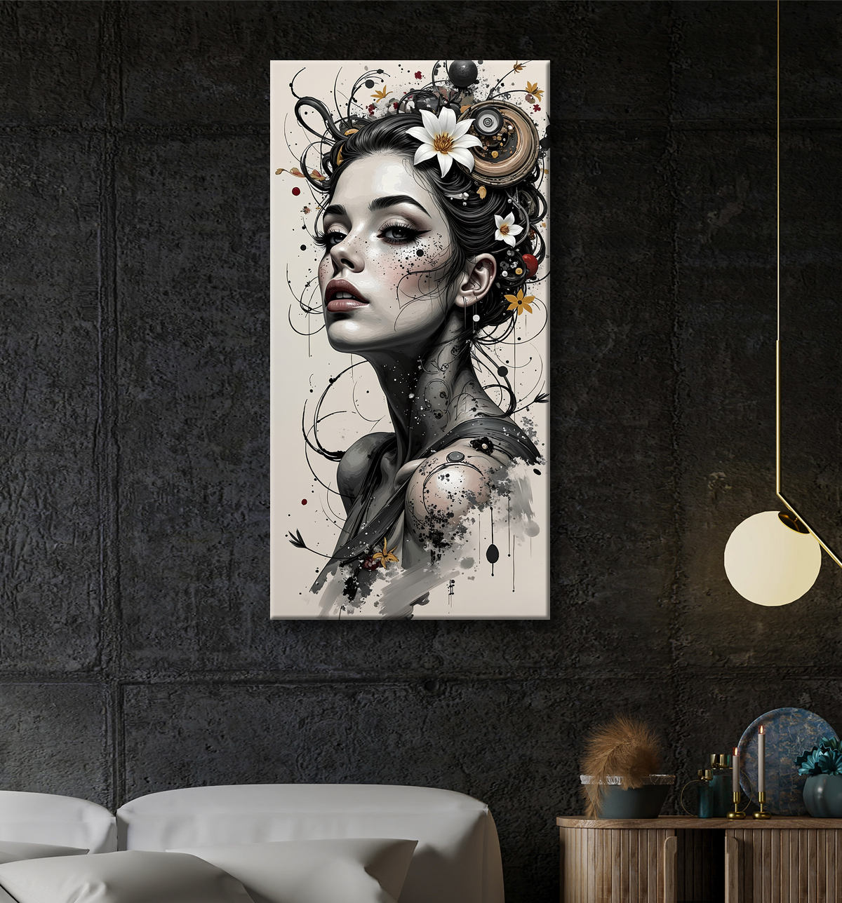 Tableau portrait féminin fantastique gothique inspiration japonaise avec decor