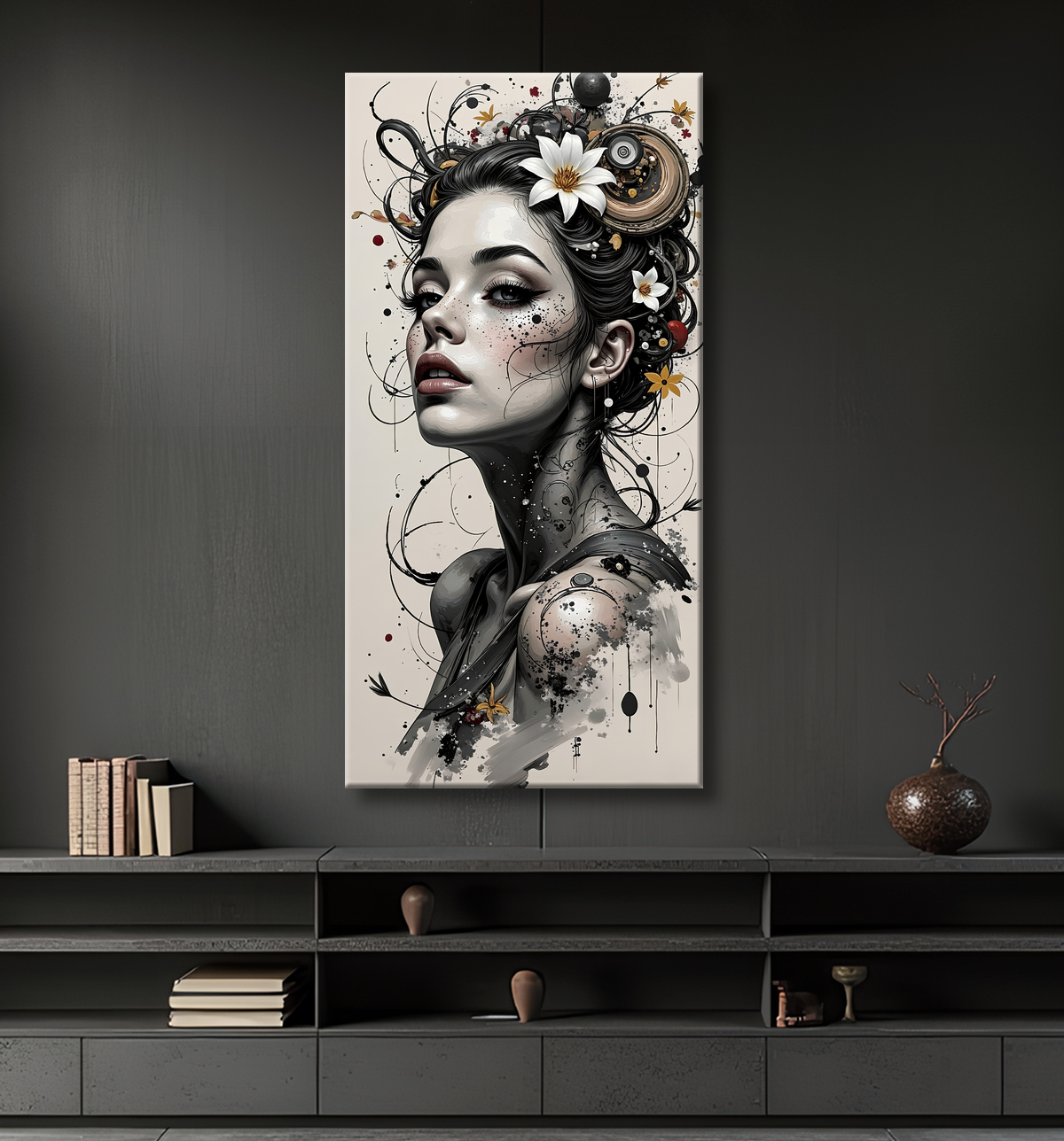 Tableau portrait féminin fantastique gothique inspiration japonaise avec decor
