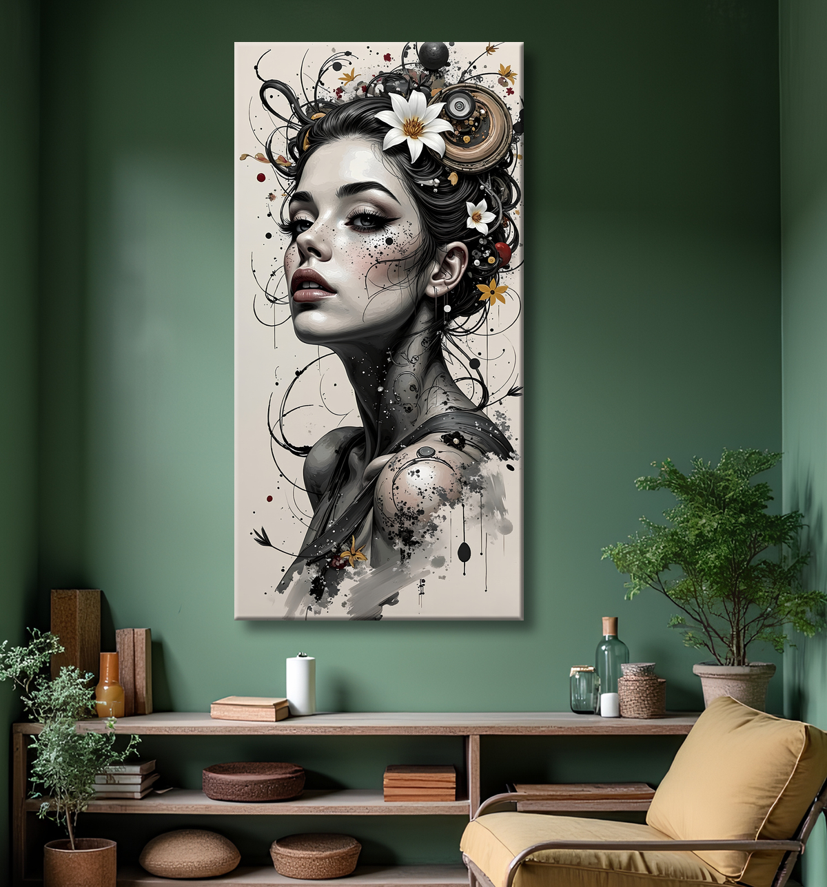Tableau portrait féminin fantastique gothique inspiration japonaise avec decor