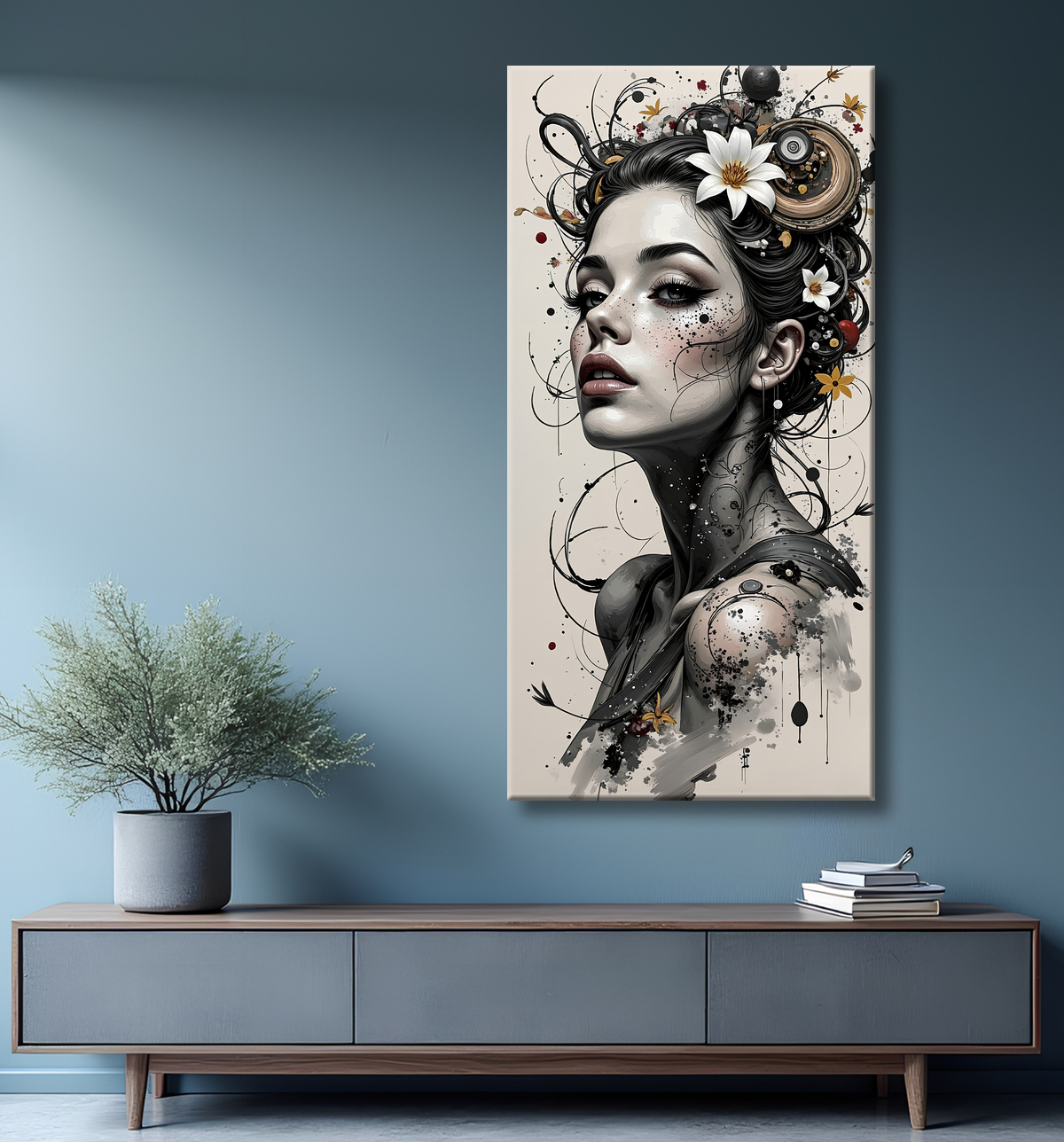 Tableau portrait féminin fantastique gothique inspiration japonaise avec decor