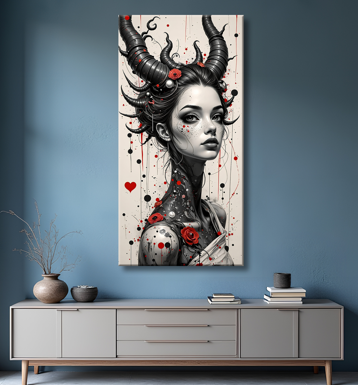Tableau portrait féminin fantastique gothique inspiration japonaise avec decor