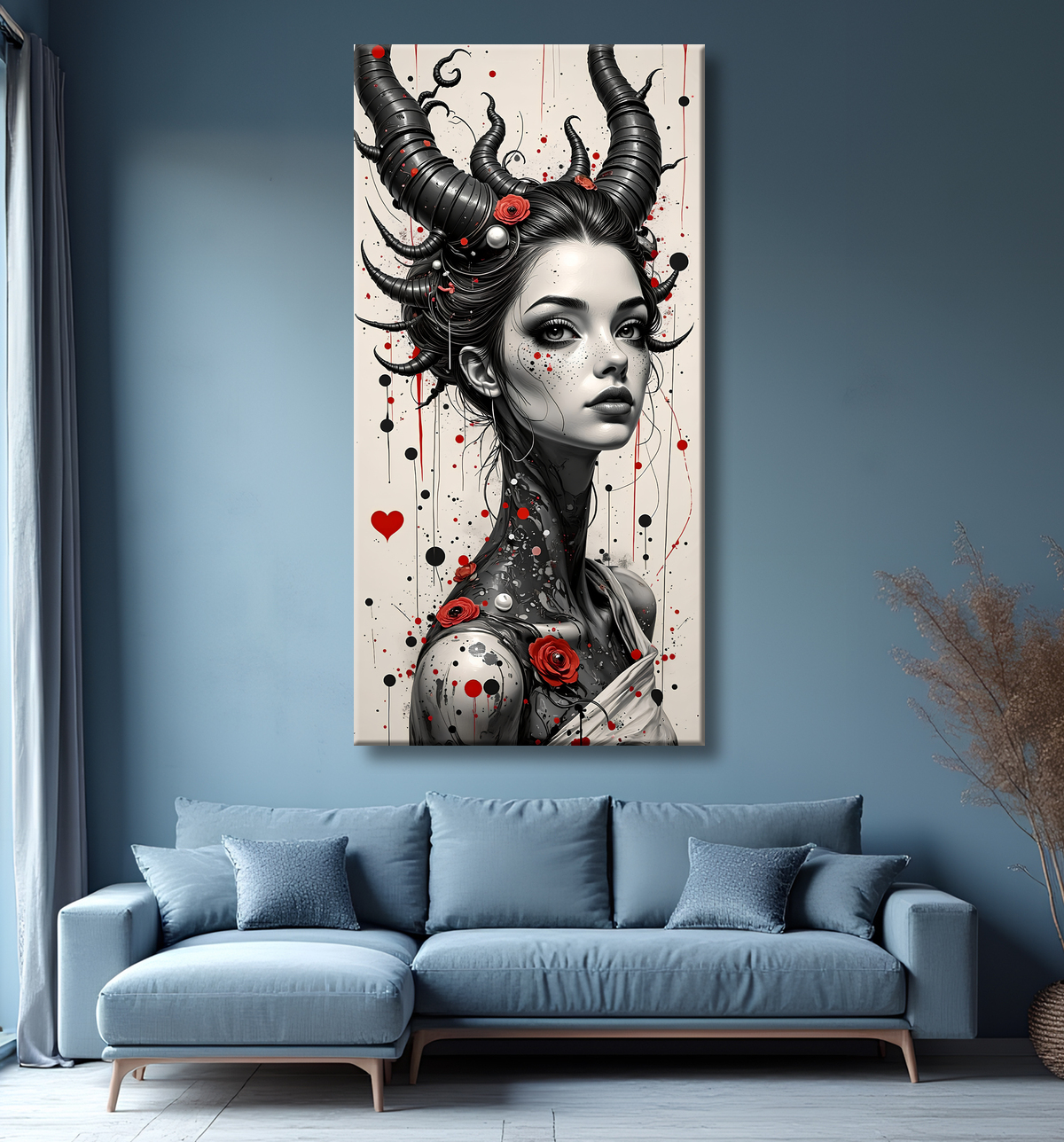 Tableau portrait féminin fantastique gothique inspiration japonaise avec decor