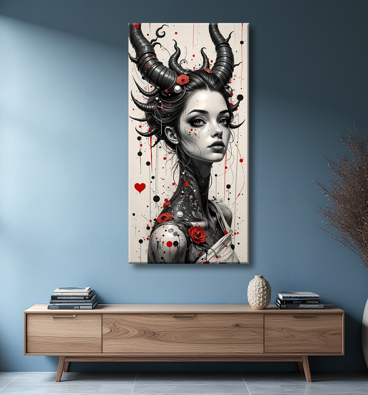 Tableau portrait féminin fantastique gothique inspiration japonaise avec decor