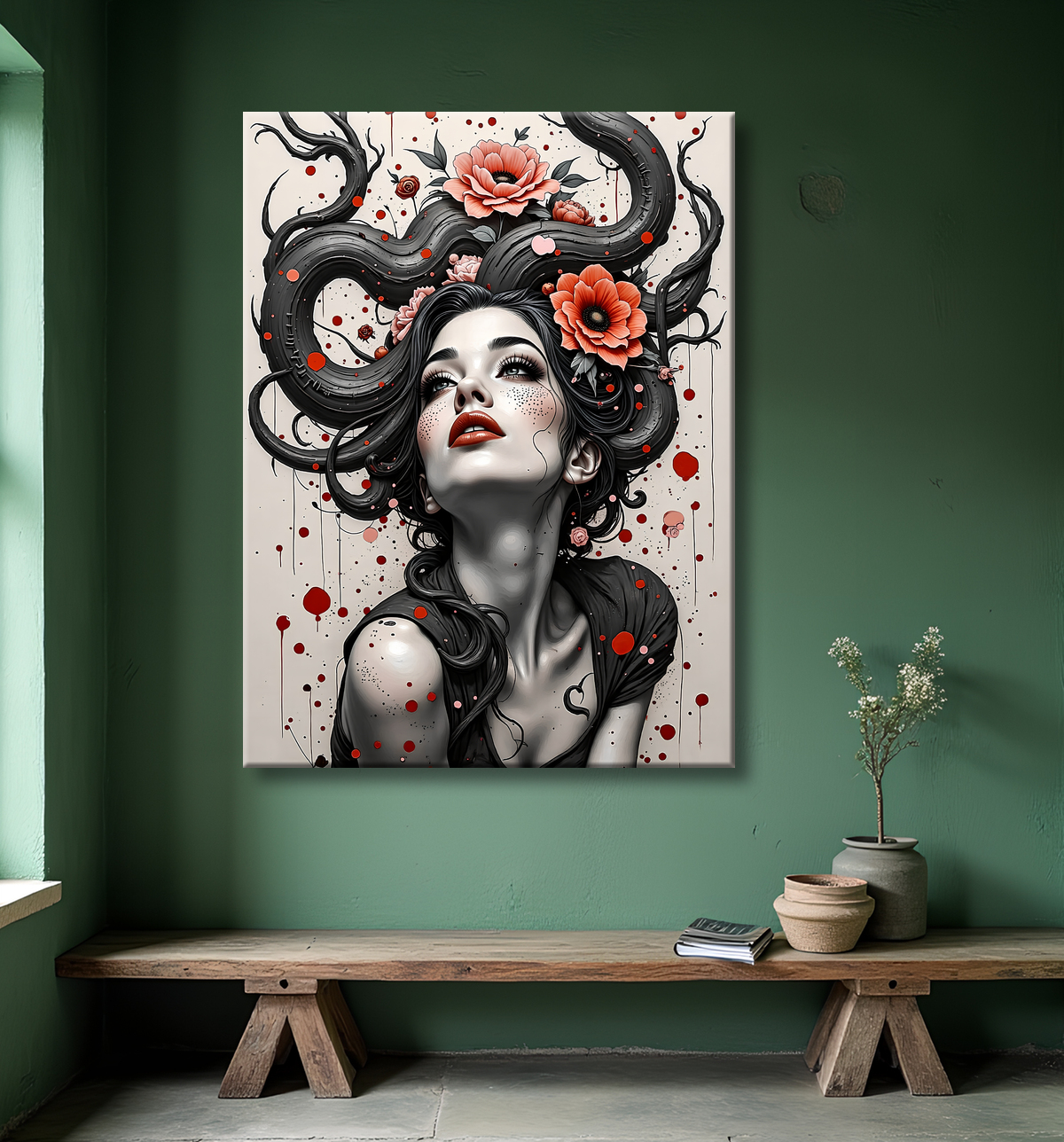 Tableau portrait féminin fantastique gothique inspiration japonaise avec decor
