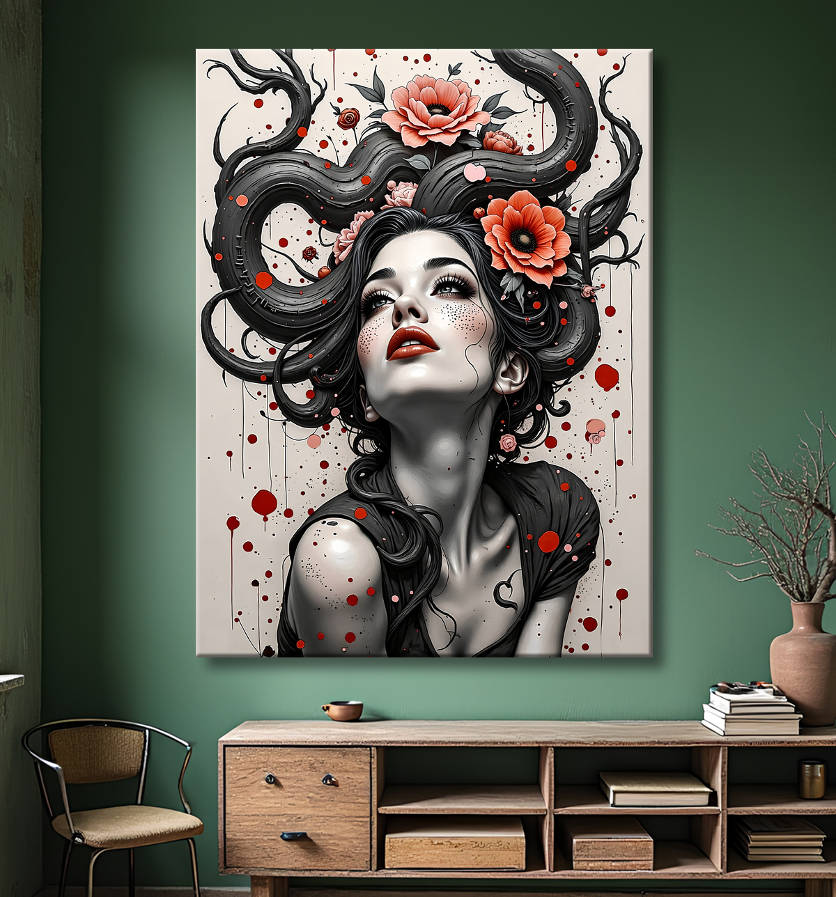 Tableau portrait féminin fantastique gothique inspiration japonaise avec decor