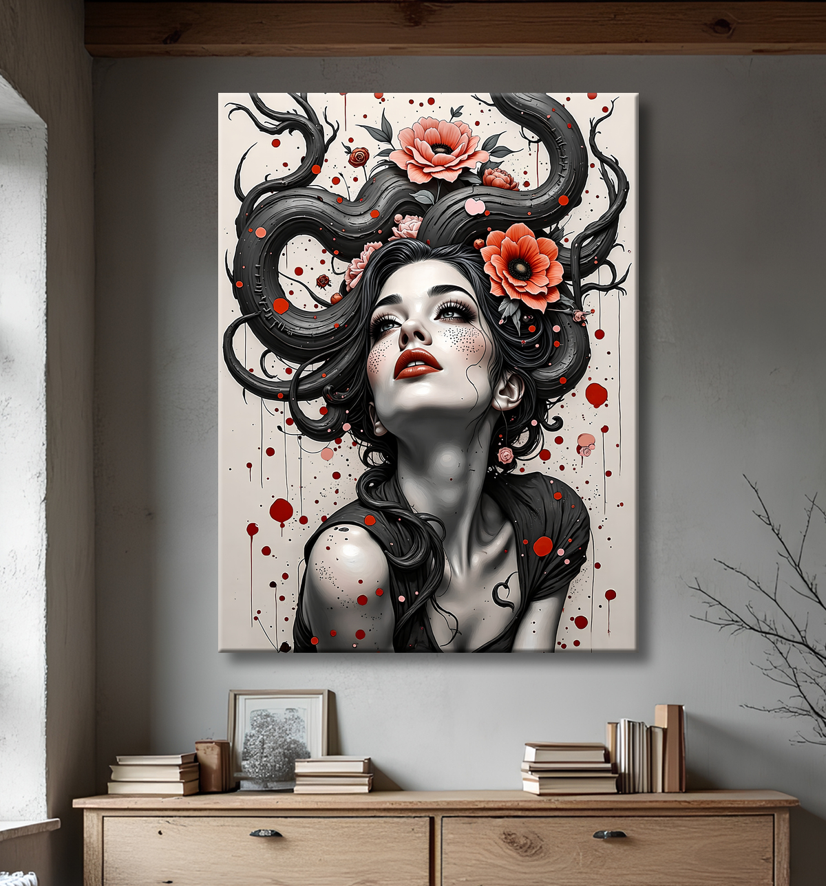 Tableau portrait féminin fantastique gothique inspiration japonaise avec decor