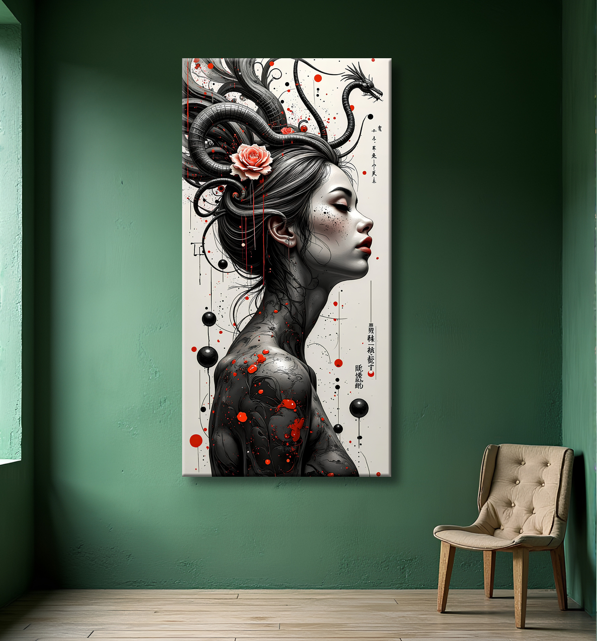 Tableau portrait féminin fantastique gothique inspiration japonaise avec decor
