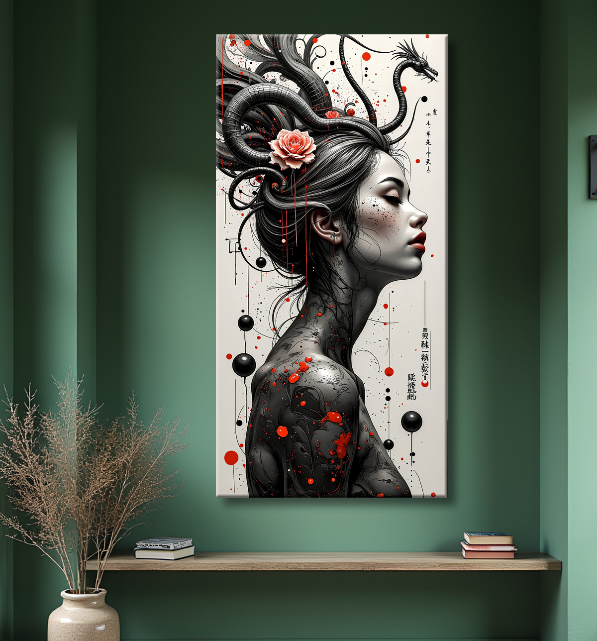 Tableau portrait féminin fantastique gothique inspiration japonaise avec decor