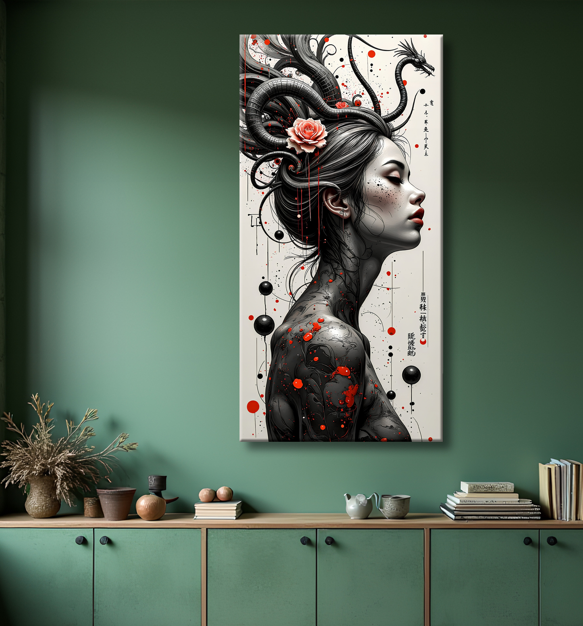 Tableau portrait féminin fantastique gothique inspiration japonaise avec decor