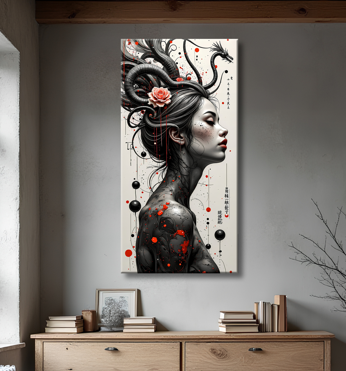 Tableau portrait féminin fantastique gothique inspiration japonaise avec decor
