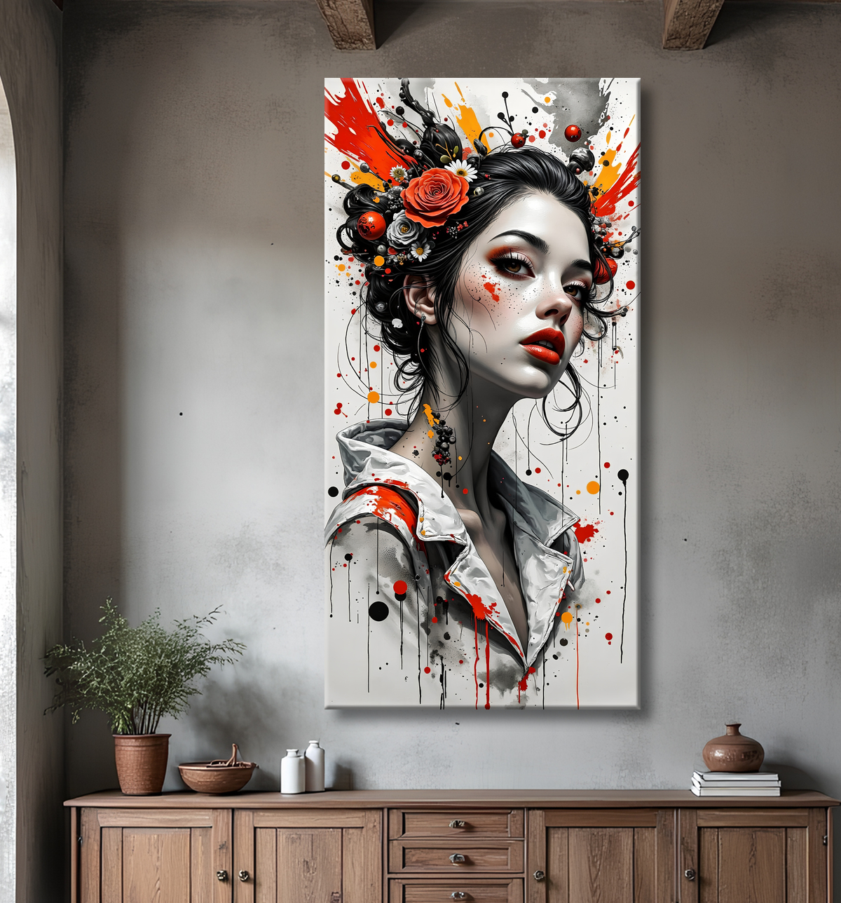 Tableau portrait féminin fantastique gothique inspiration japonaise avec decor
