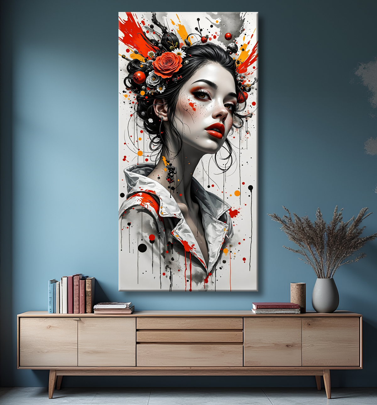 Tableau portrait féminin fantastique gothique inspiration japonaise avec decor