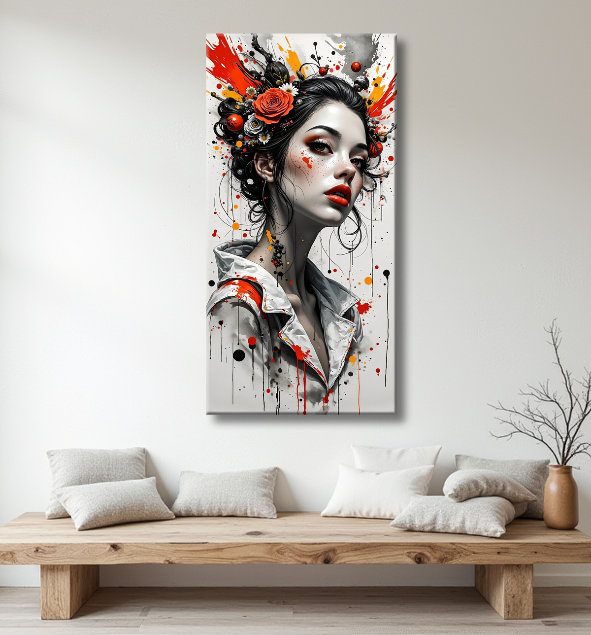 Tableau portrait féminin fantastique gothique inspiration japonaise avec decor