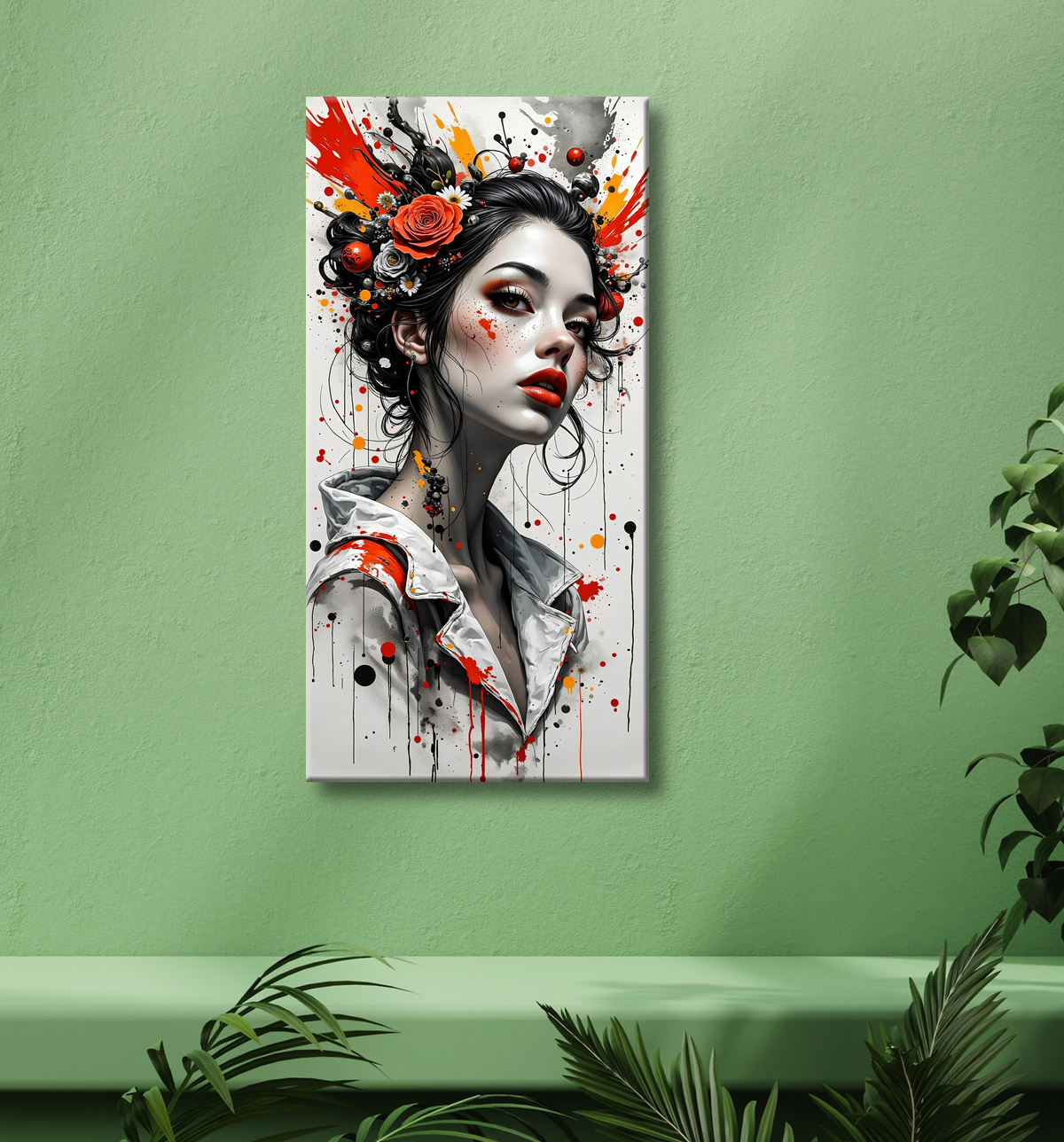 Tableau portrait féminin fantastique gothique inspiration japonaise avec decor