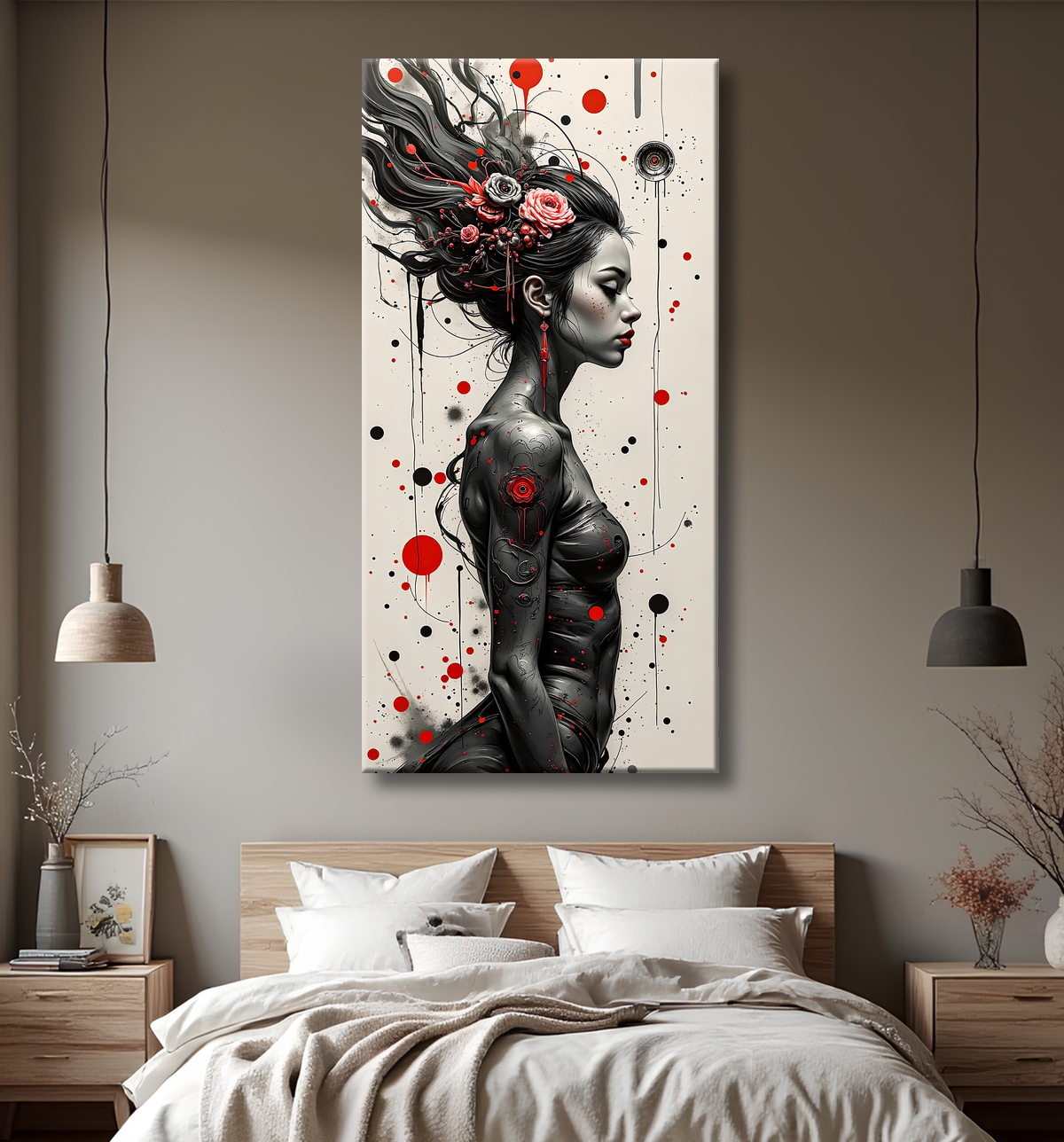 Tableau portrait féminin fantastique gothique inspiration japonaise avec decor