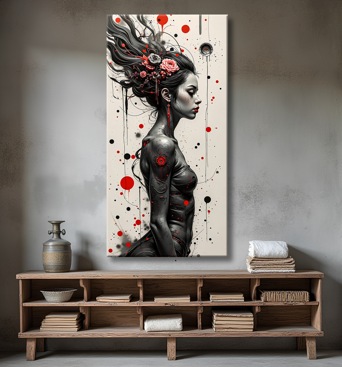 Tableau portrait féminin fantastique gothique inspiration japonaise avec decor