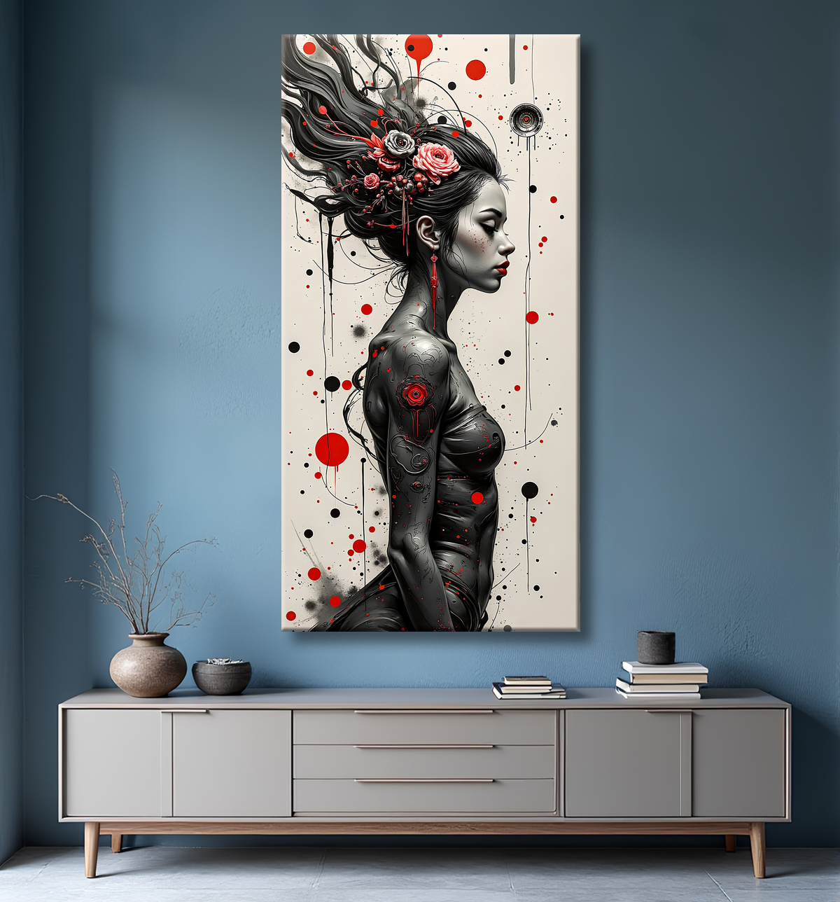 Tableau portrait féminin fantastique gothique inspiration japonaise avec decor