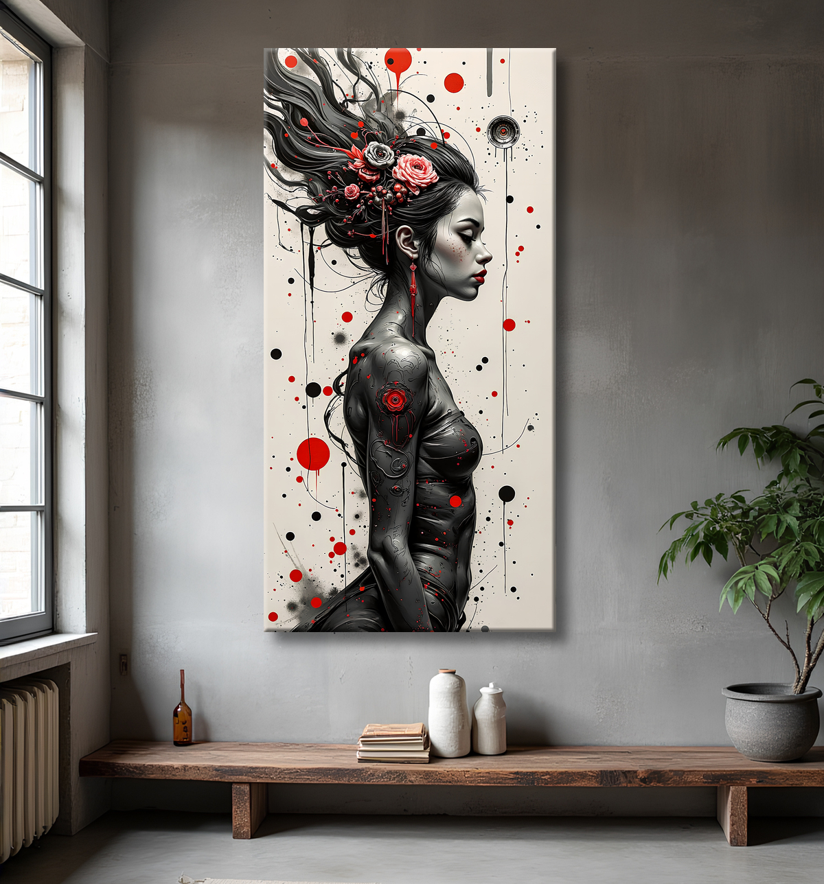 Tableau portrait féminin fantastique gothique inspiration japonaise avec decor