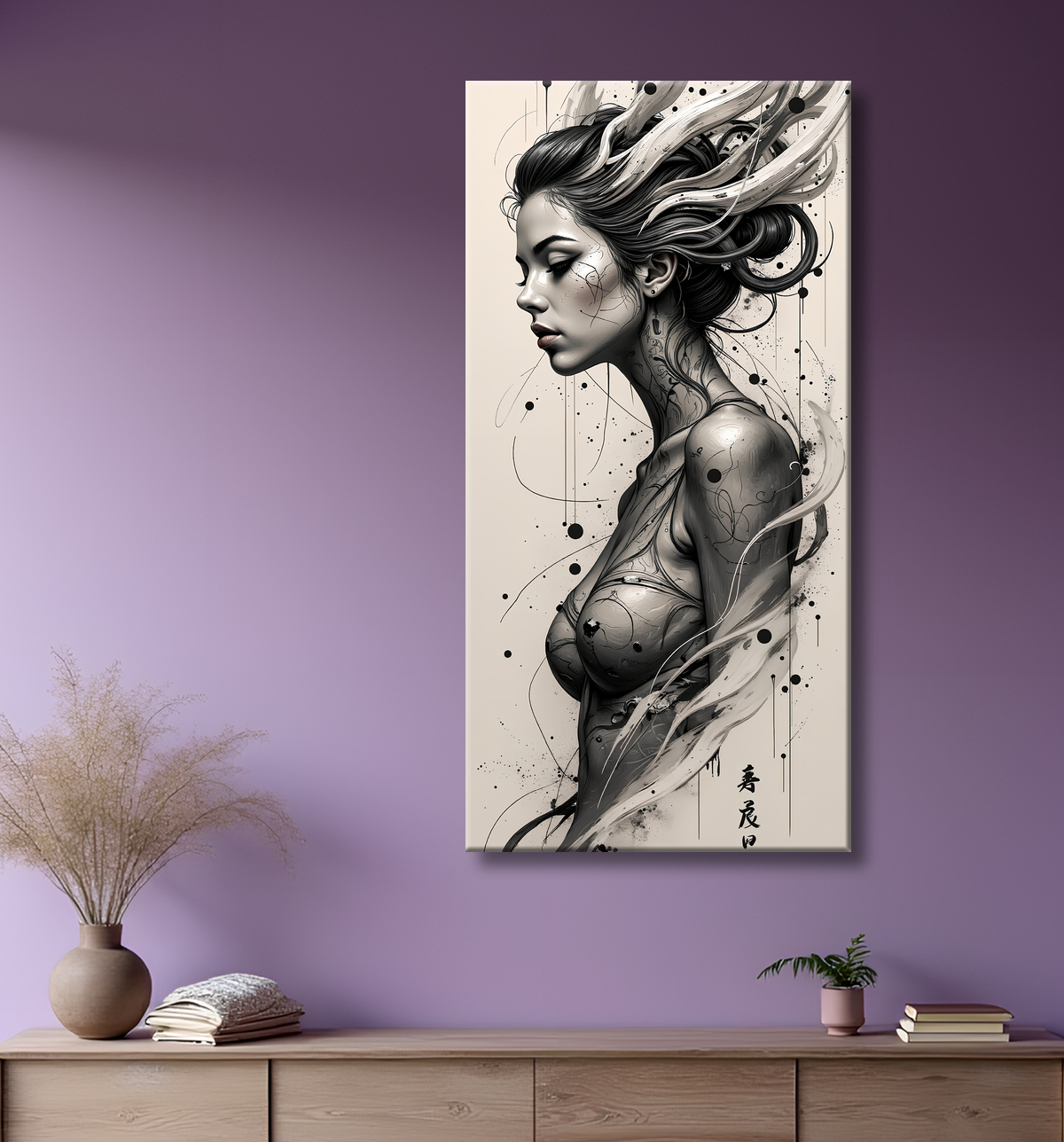 Tableau portrait féminin fantastique noir et blanc style gothique japonais avec decor