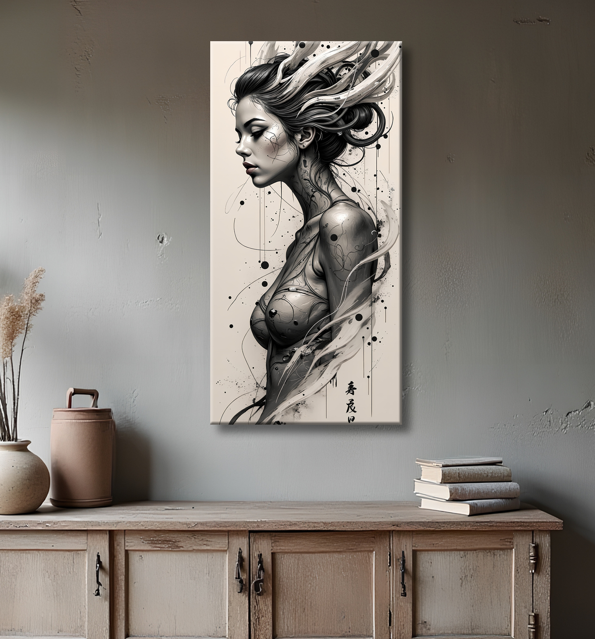 Tableau portrait féminin fantastique noir et blanc style gothique japonais avec decor