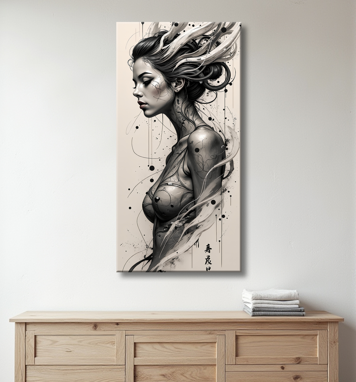 Tableau portrait féminin fantastique noir et blanc style gothique japonais avec decor
