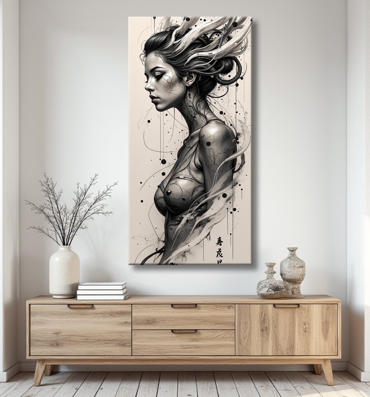 Tableau portrait féminin fantastique noir et blanc style gothique japonais avec decor