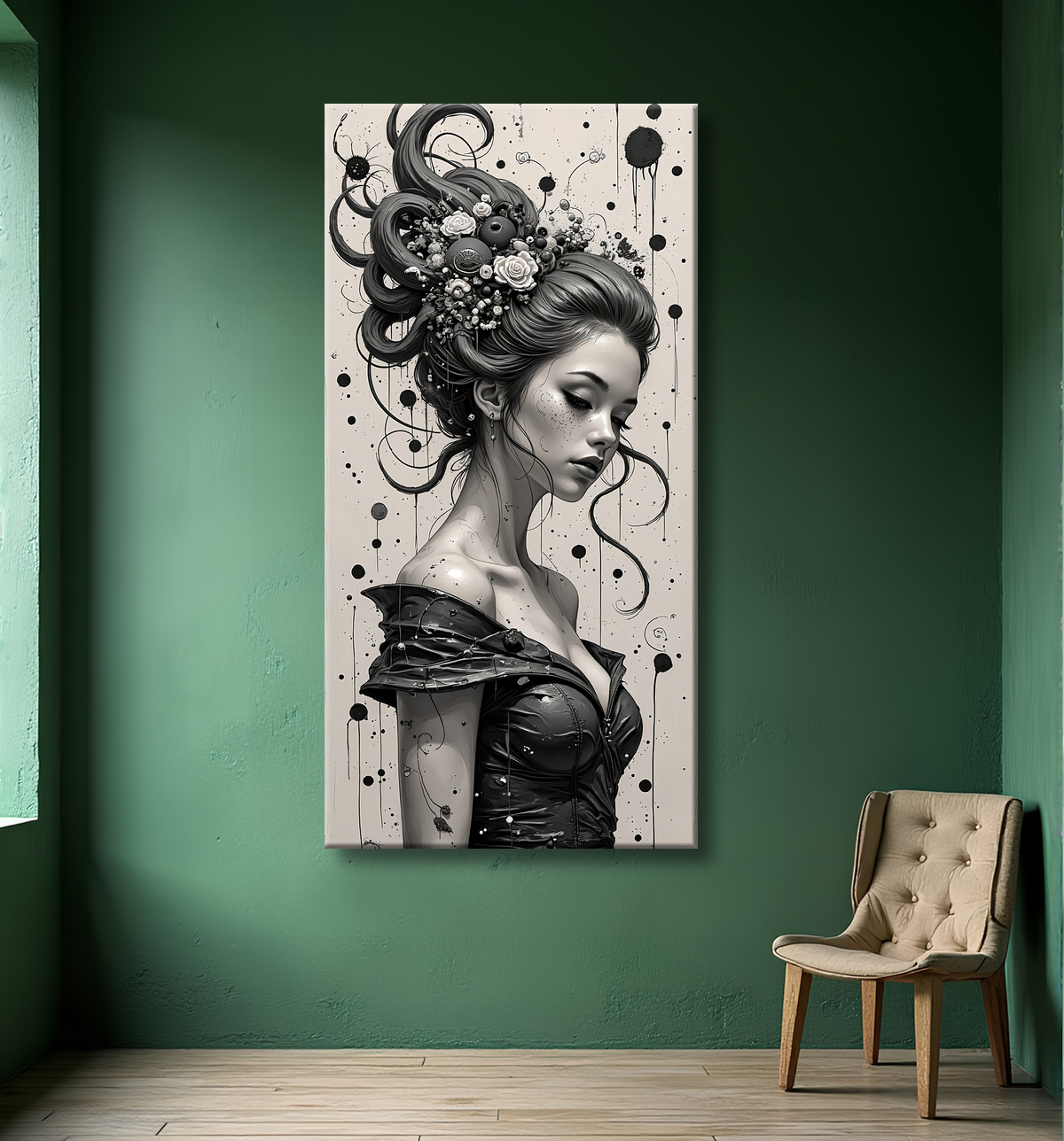 Tableau portrait féminin fantastique noir et blanc style gothique japonais avec decor